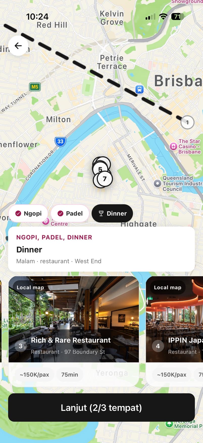 Moments map screen with nearby dinner recommendations